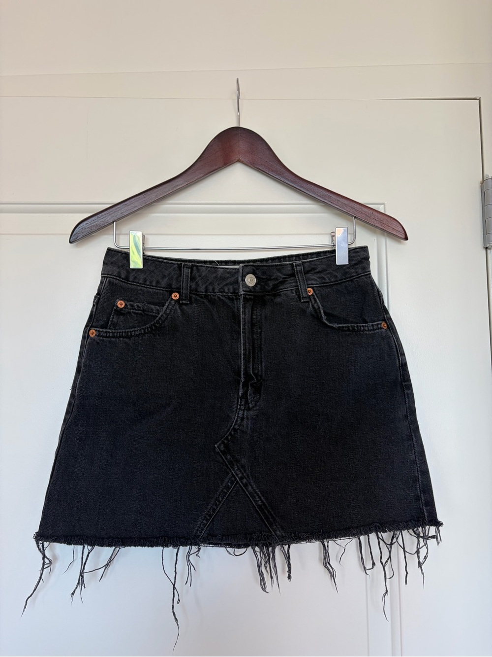Topshop Black Distressed Frayed Hem Denim Mini Skirt